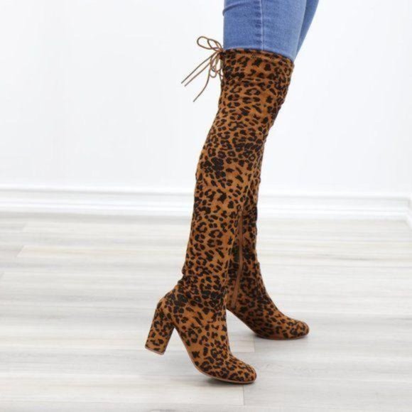 Suede Leopard Thigh High Heeled Boots - Picture 3 of 13
